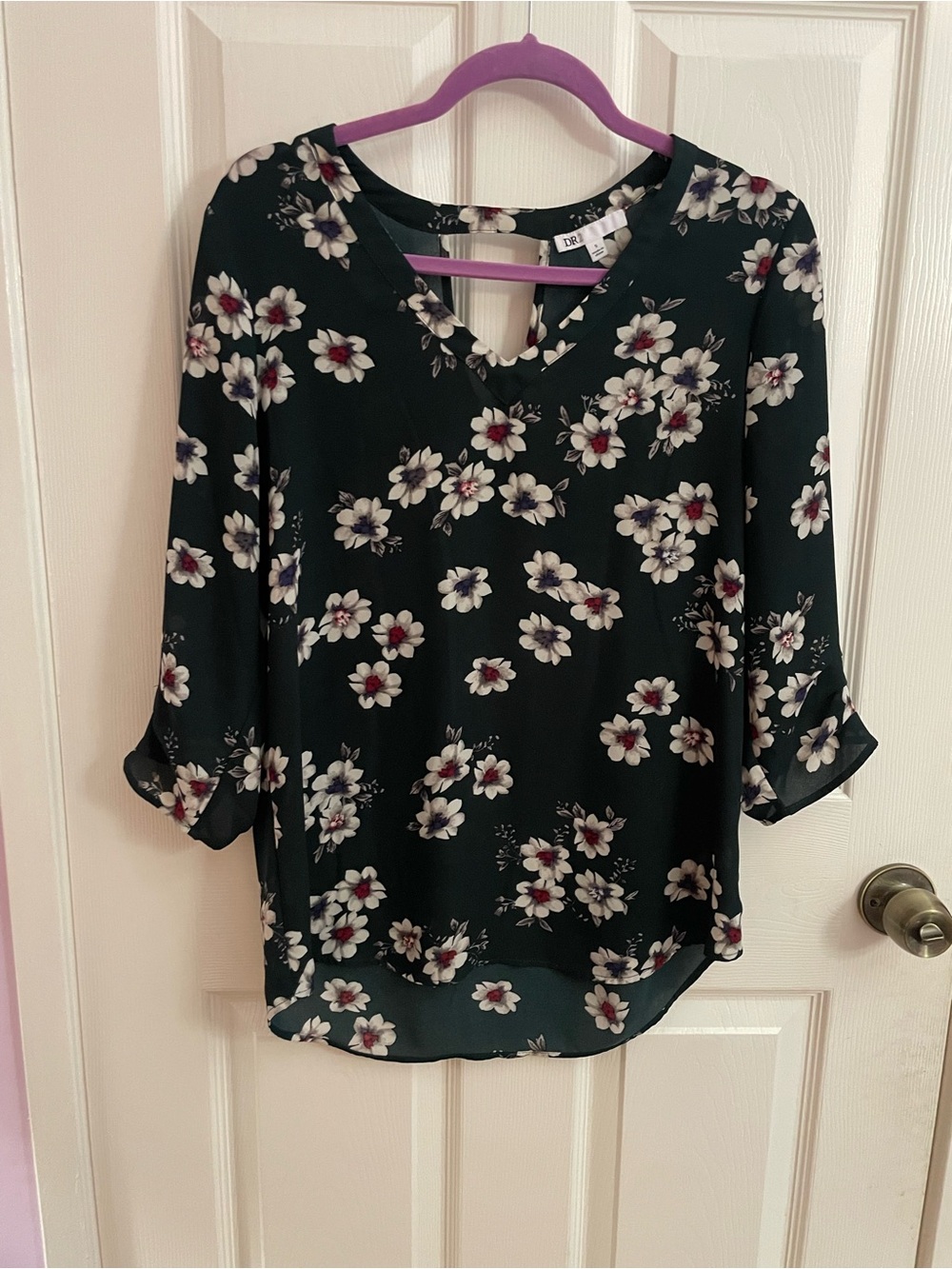 DR2 Black Floral V-Neck Blouse with White and Burgundy Flowers